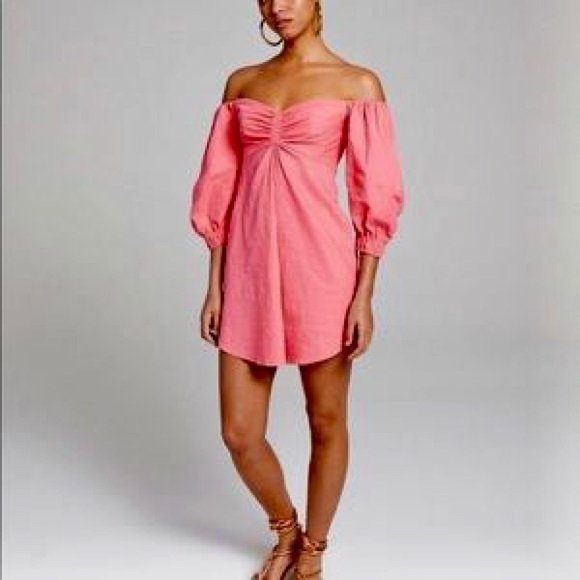 A.L.C. Mila Pink Linen Blend Off the Shoulder Mini Dress Size 4 - Picture 4 of 12